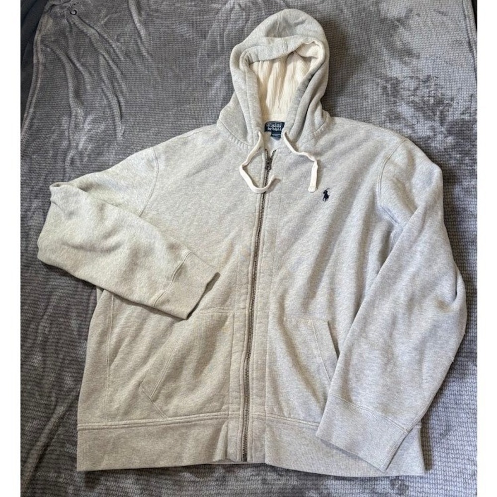 Polo Ralph Lauren Mens XXL Heather Gray Full Zip Waffle Lined Fleece Hoodie